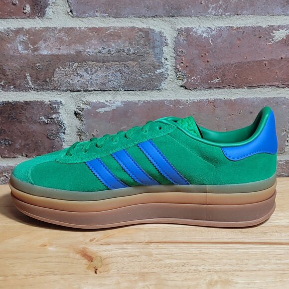 New Womens Adidas Gazelle Bold Shoes Green Blue Gum Metallic Gold Multiple Sizes - Picture 2 of 5